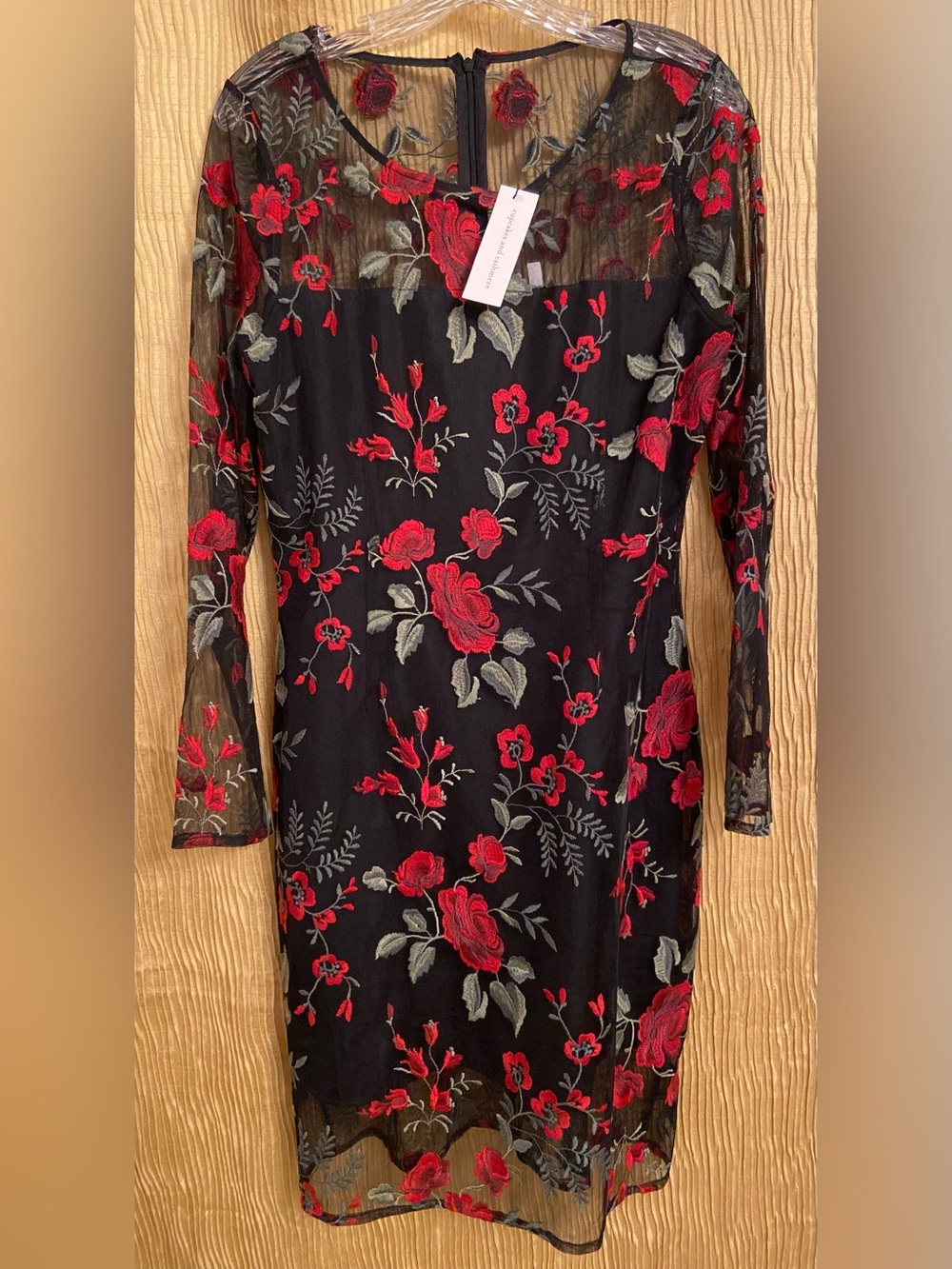 cupcakes & cashmere Black Dress with Red Floral Embroidery